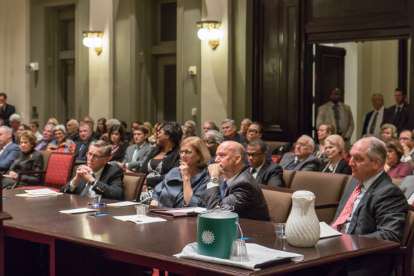 Brother Ivy LeBlanc, S.C.; Madeleine Landrieu, Loyola Law Dean; Timothy Averill former Judicial Administrator, Louisiana Supreme Court; Governor John Bel Edwards